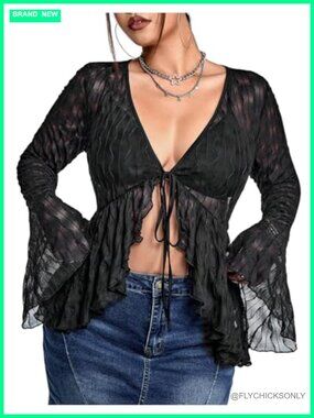 Plus Size Sexy Sheer Mesh Top Deep V Neck Bell Long Sleeve Tee